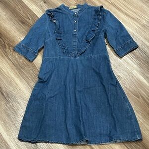 La Reyna 3/4 Sleeve Ruffle Front Denim Dress Women Size Medium